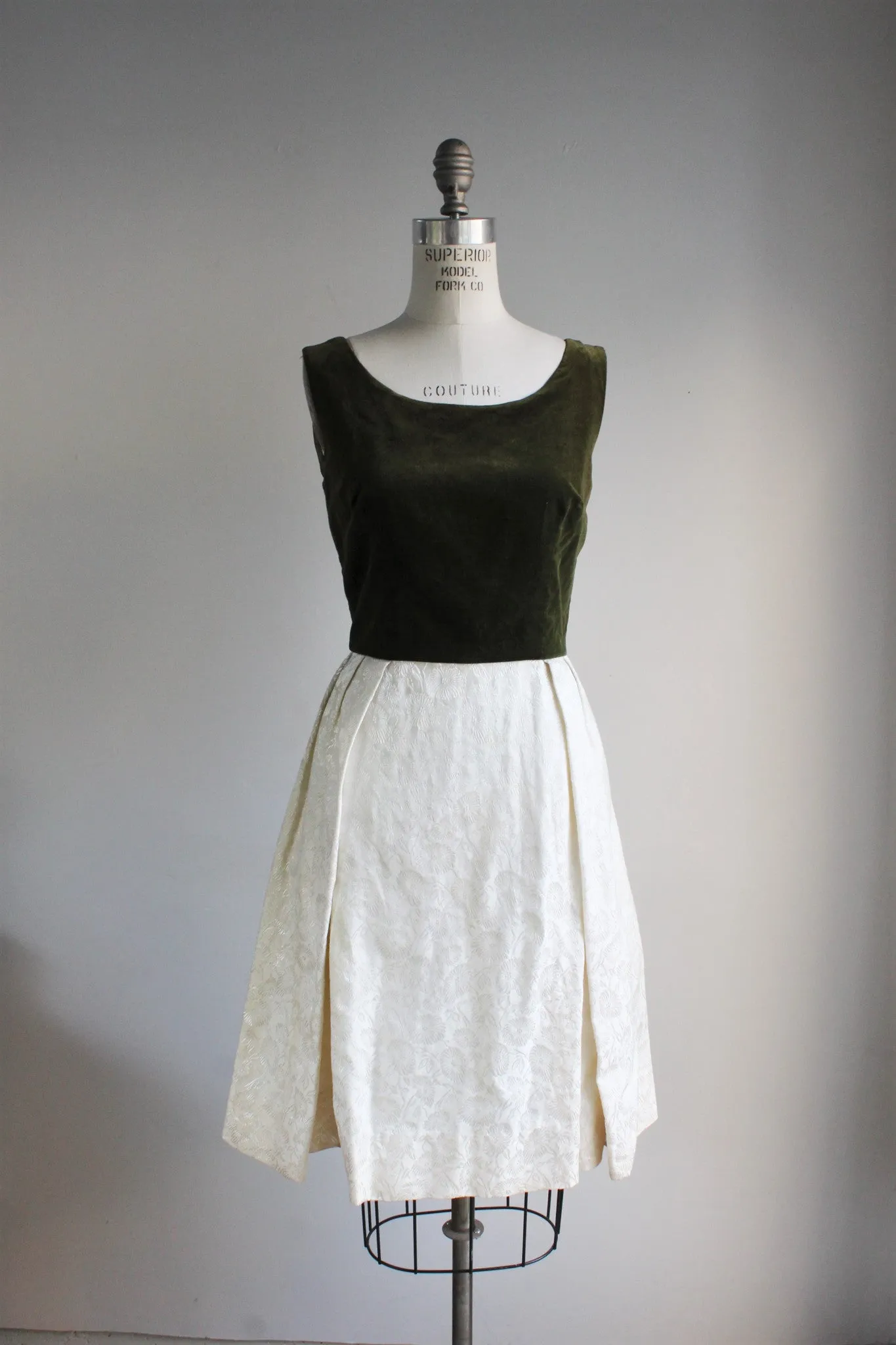 Vintage 1960s Party Dress, Dark Green Velvet Bodice White Damask Skirt