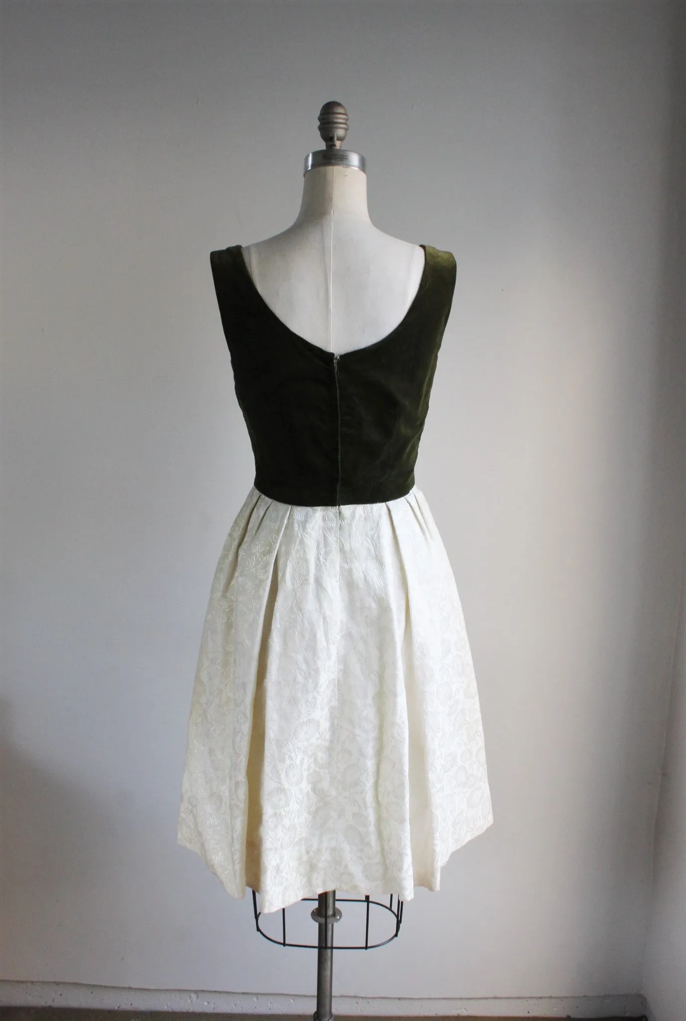 Vintage 1960s Party Dress, Dark Green Velvet Bodice White Damask Skirt