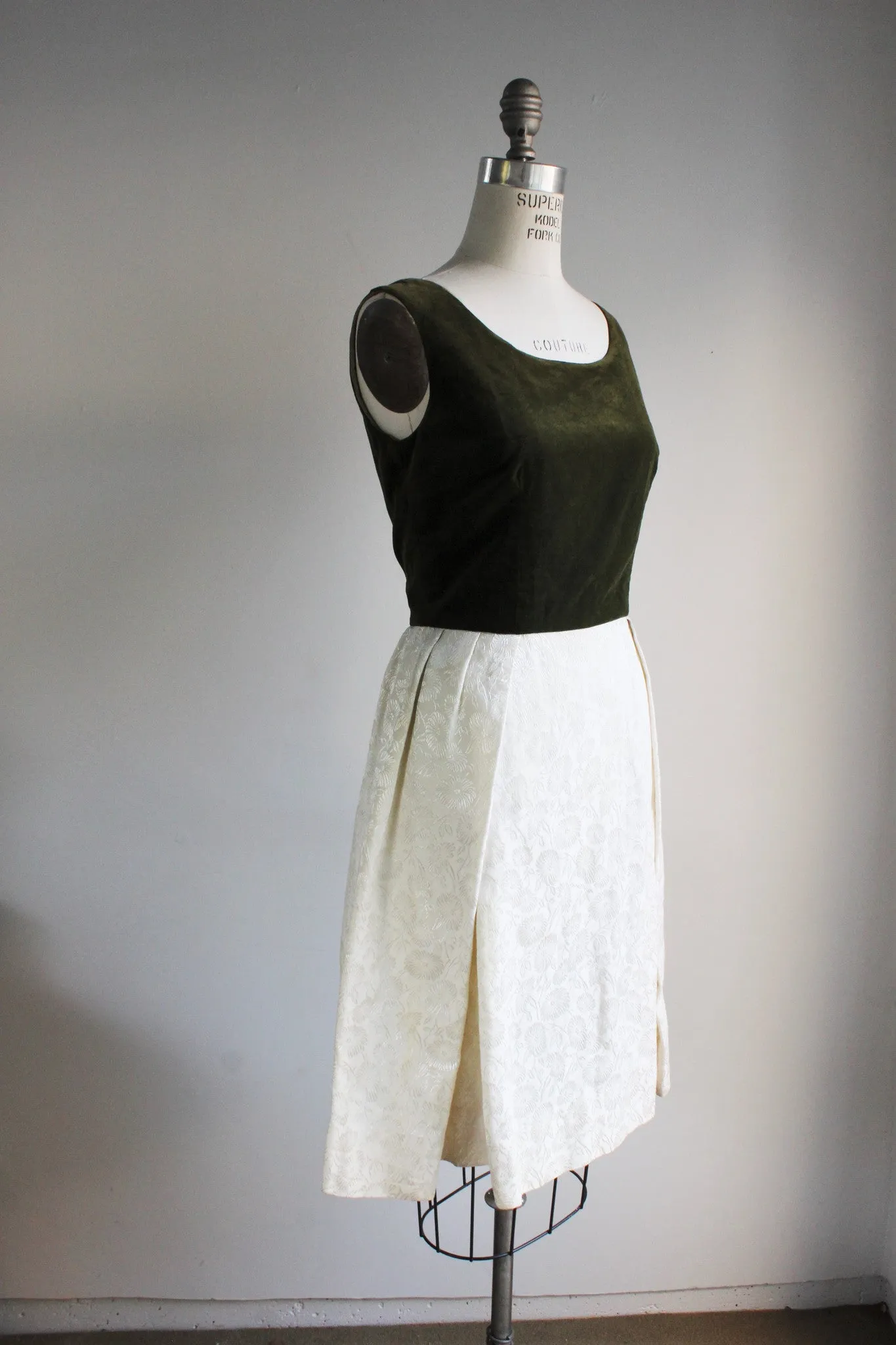 Vintage 1960s Party Dress, Dark Green Velvet Bodice White Damask Skirt