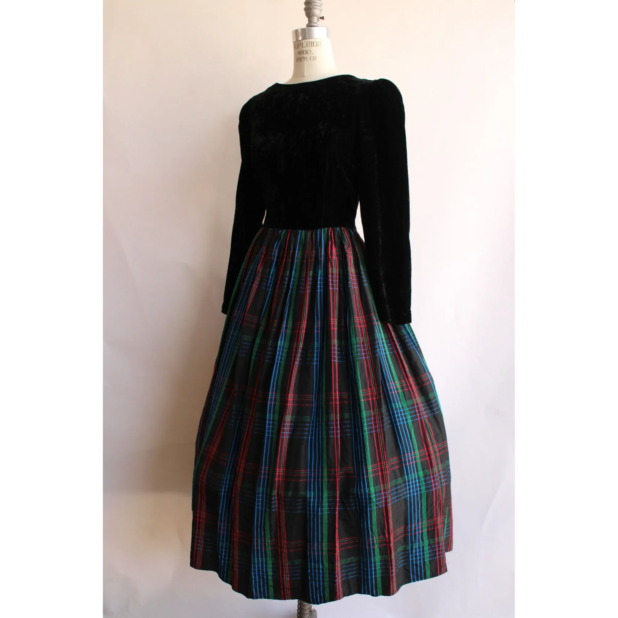 Vintage 1980s Black Velvet and Plaid Fit and Flare Dress