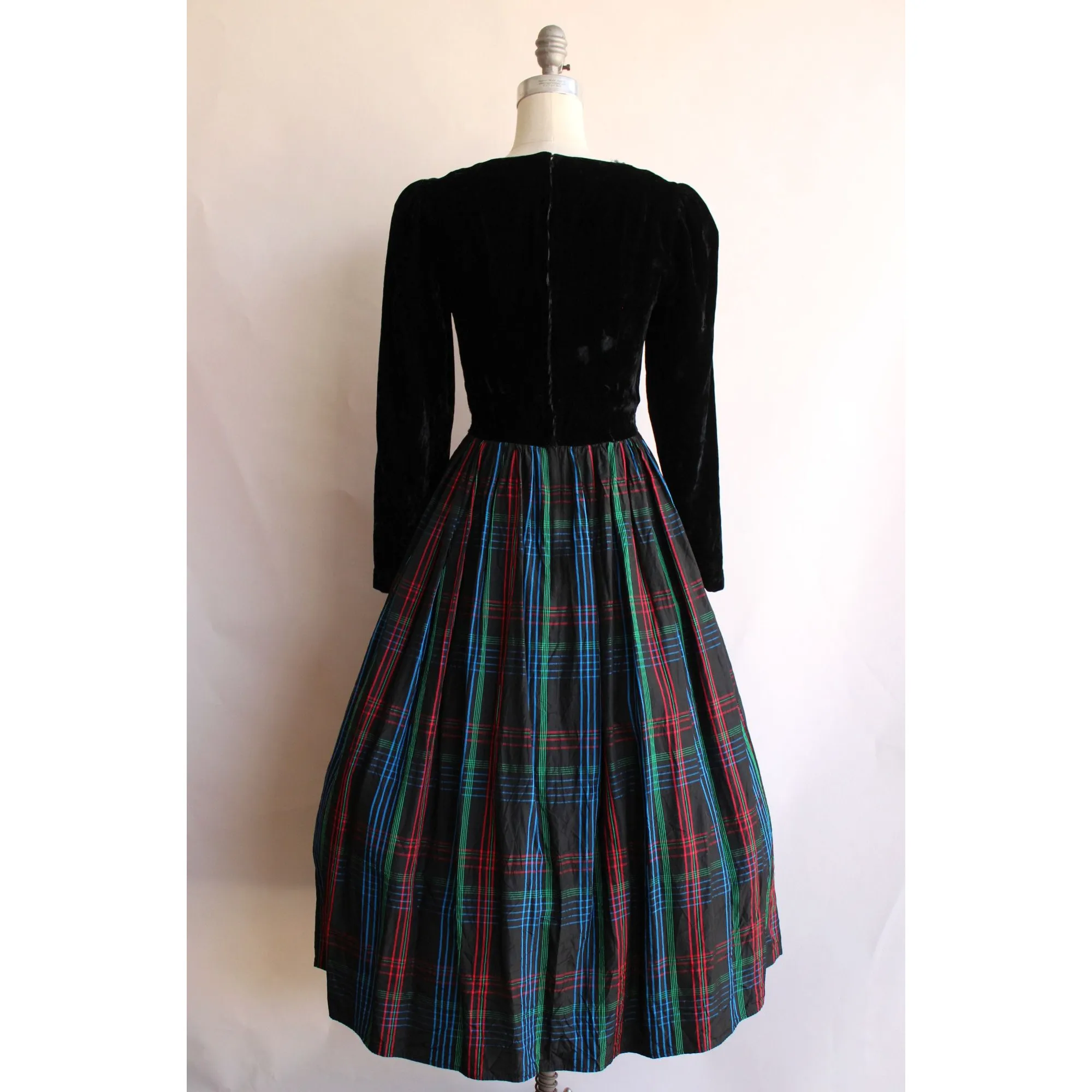 Vintage 1980s Black Velvet and Plaid Fit and Flare Dress