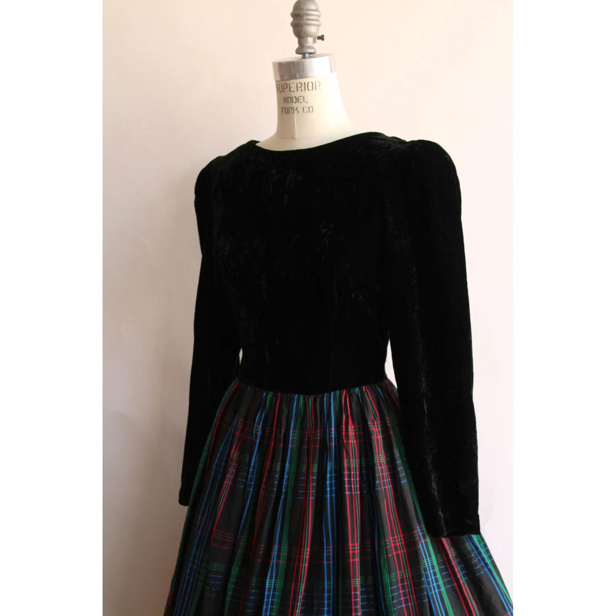 Vintage 1980s Black Velvet and Plaid Fit and Flare Dress