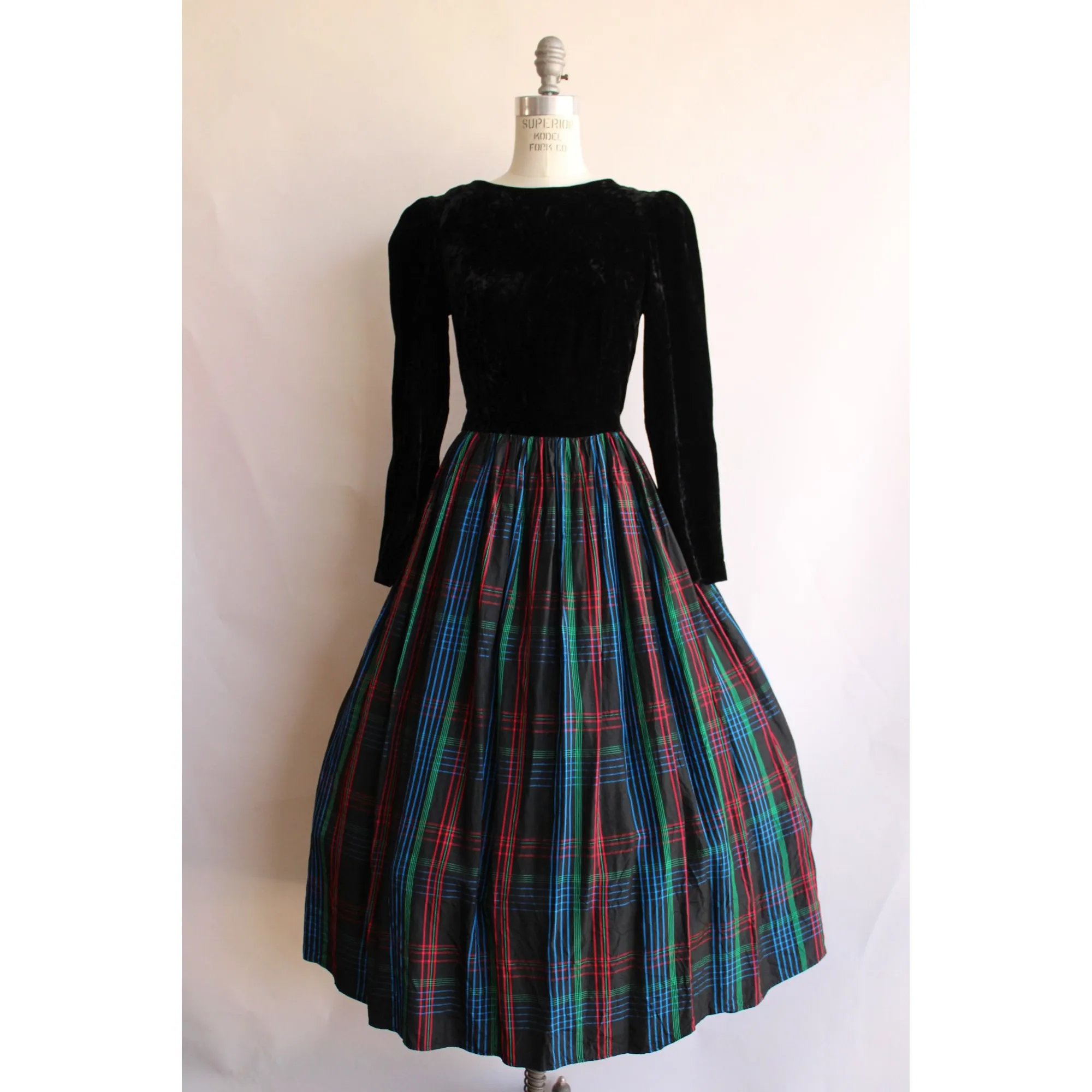 Vintage 1980s Black Velvet and Plaid Fit and Flare Dress