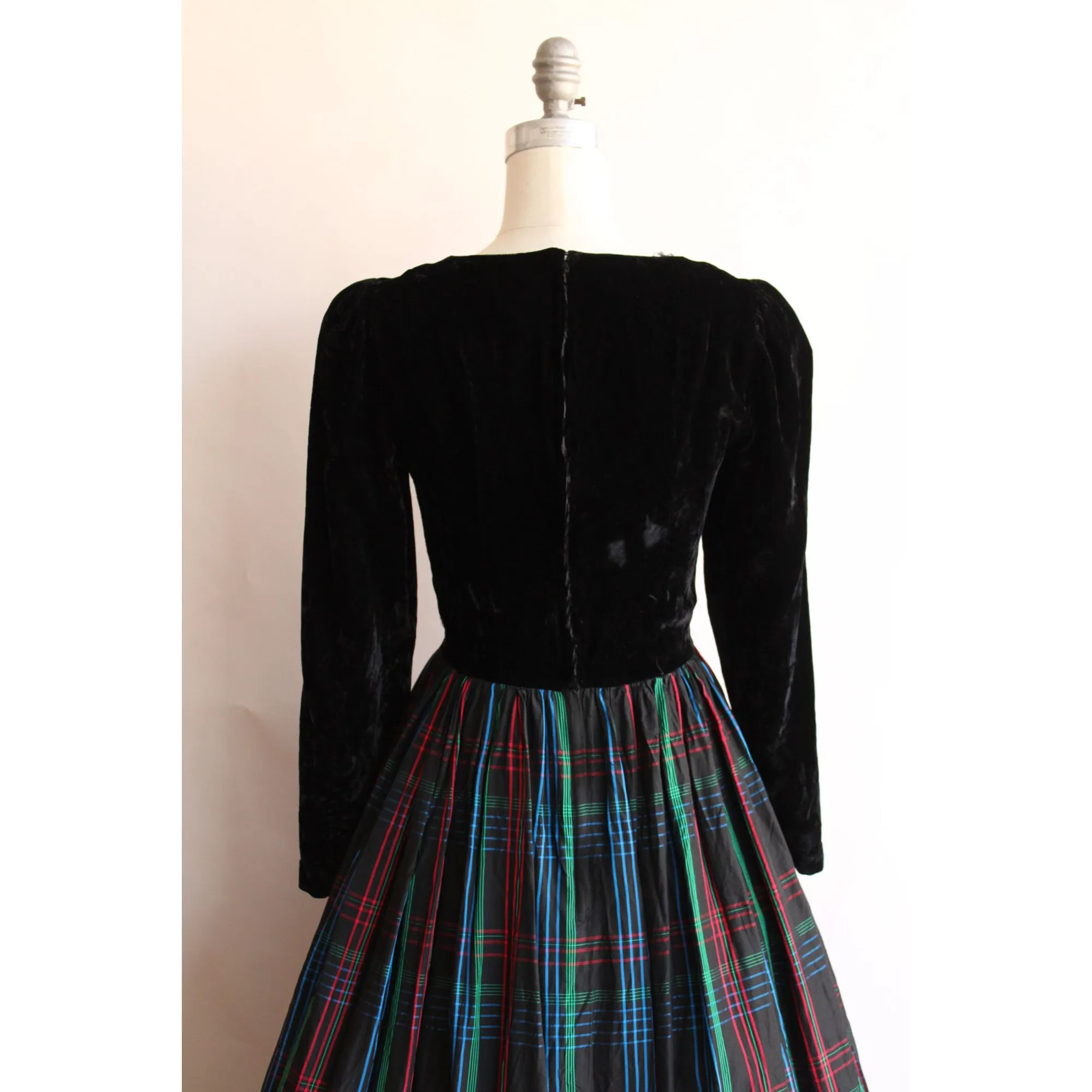 Vintage 1980s Black Velvet and Plaid Fit and Flare Dress