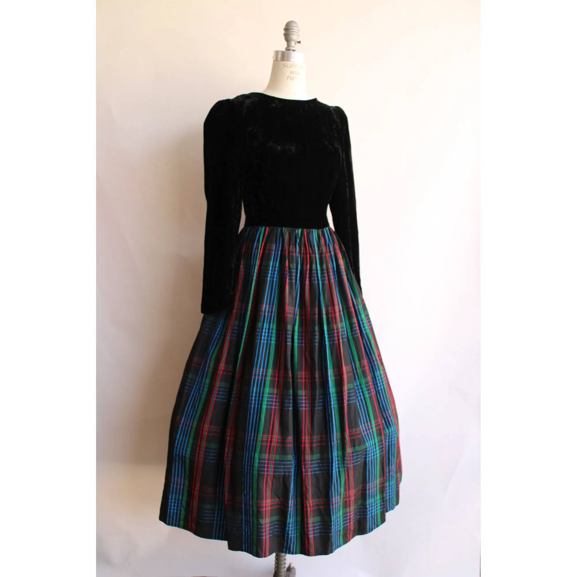 Vintage 1980s Black Velvet and Plaid Fit and Flare Dress