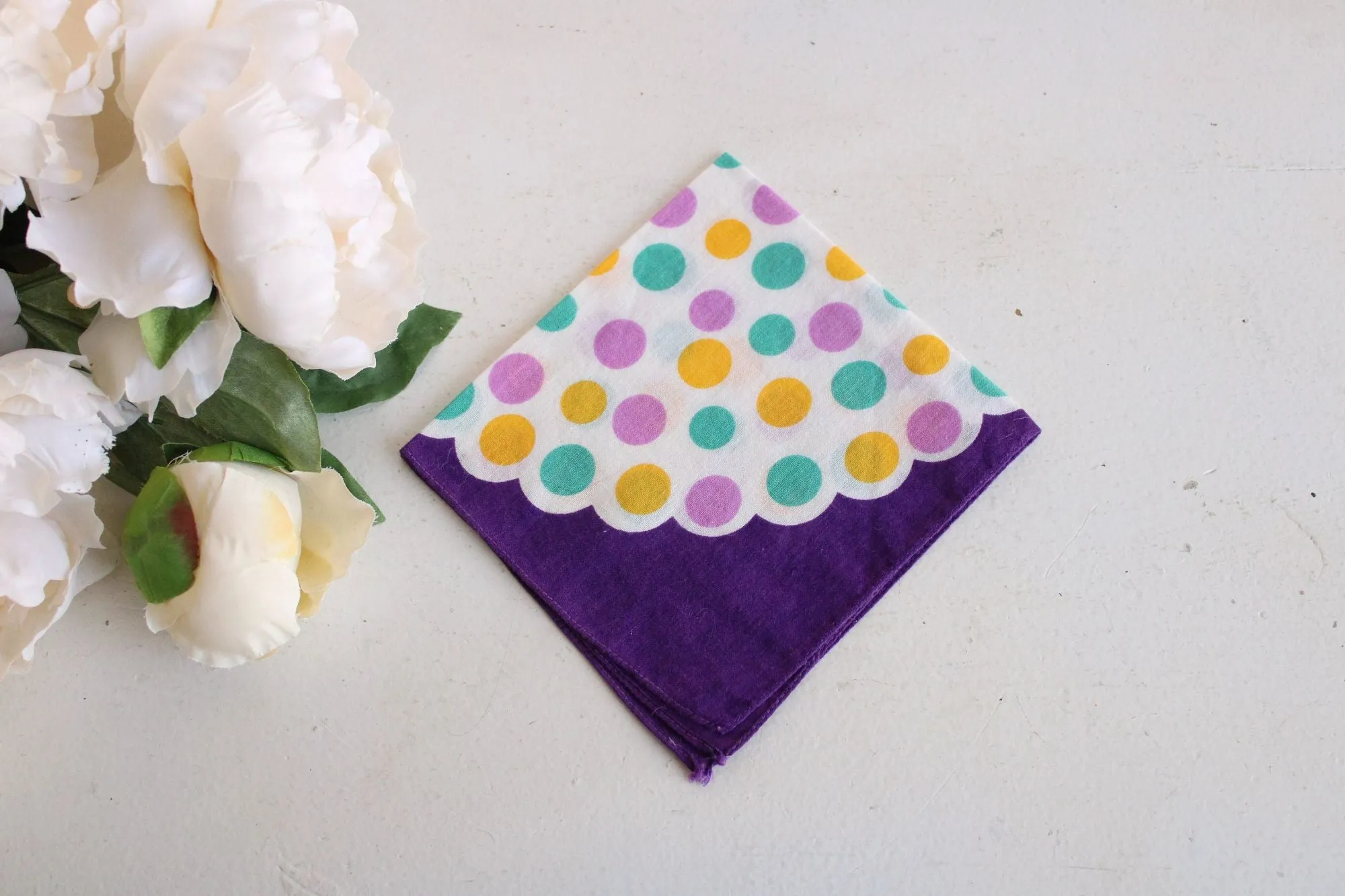 Vintage Cotton Purple, Teal and Yellow Polka Dots Hanky