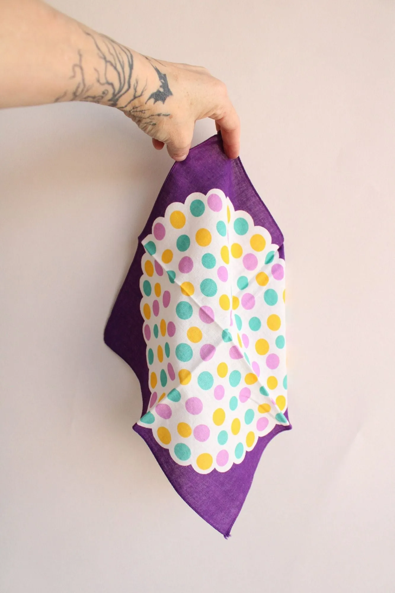 Vintage Cotton Purple, Teal and Yellow Polka Dots Hanky