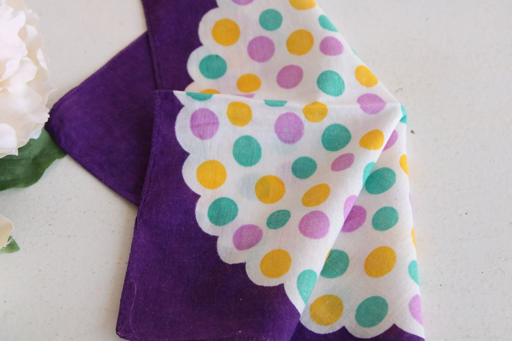 Vintage Cotton Purple, Teal and Yellow Polka Dots Hanky