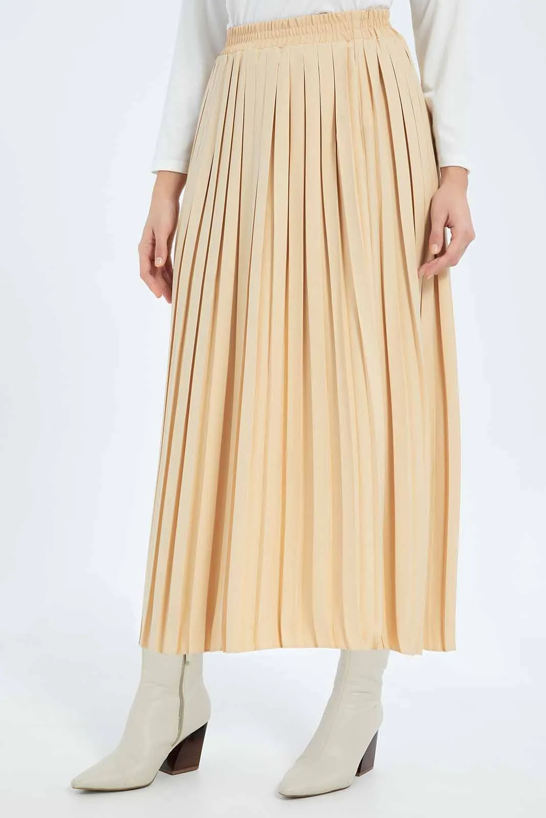 Women Beige Pleated Midi Skirt