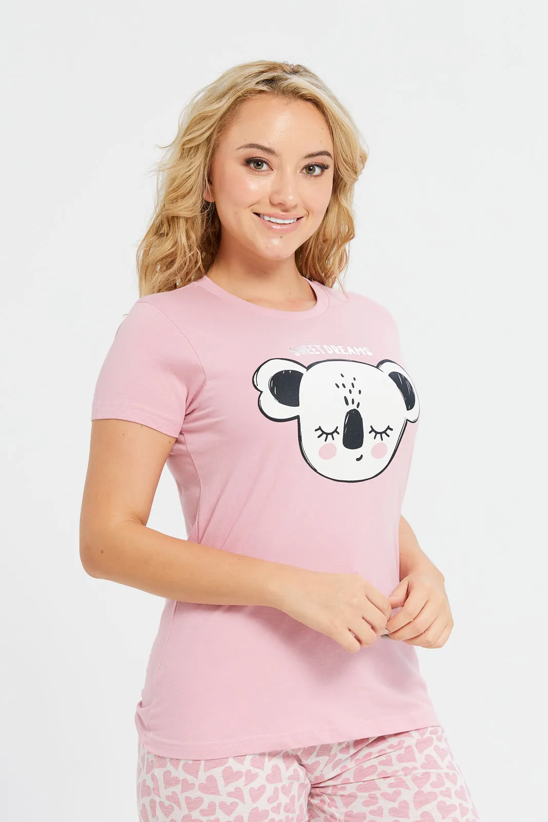 Women Pink Koala Print Pyjama Set (2 Piece)