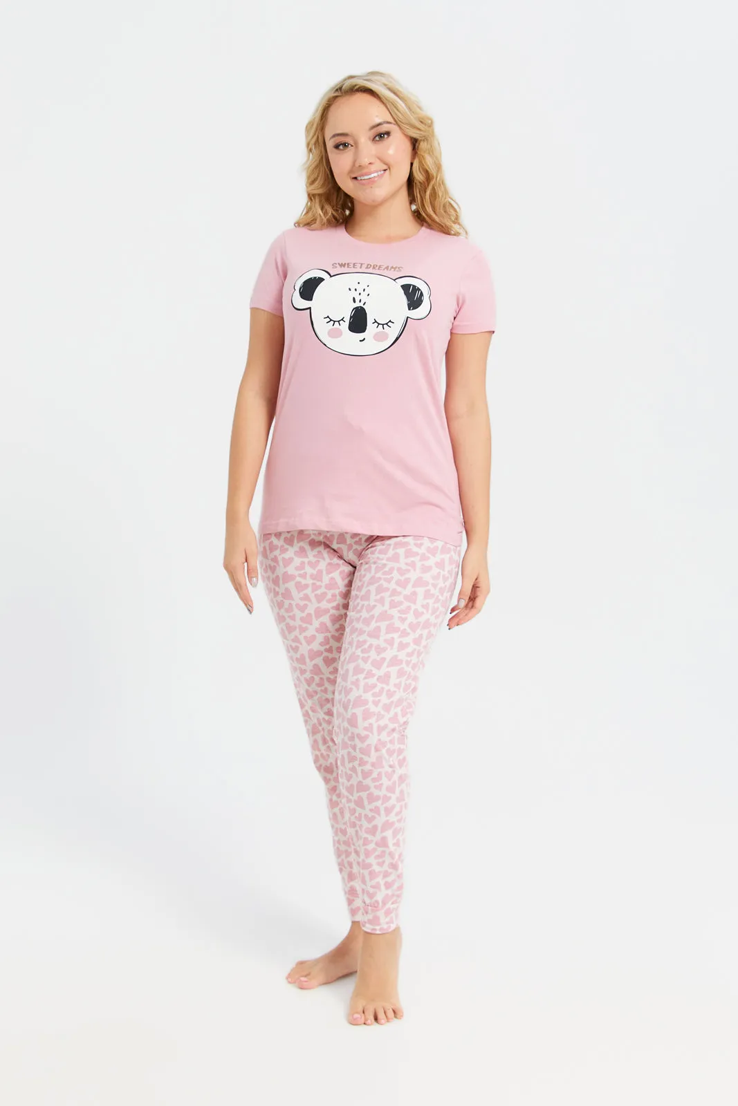 Women Pink Koala Print Pyjama Set (2 Piece)