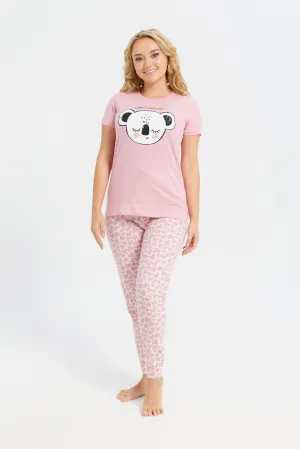 Women Pink Koala Print Pyjama Set (2 Piece)