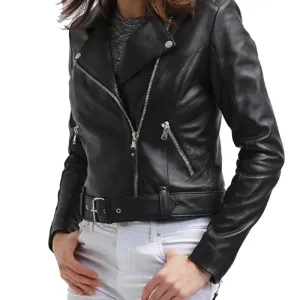 Womens Assymetrical Belted Motorcycle Black Leather Jacket