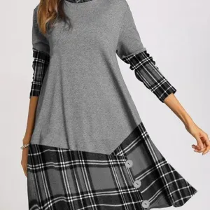 Women's Button Irregular Long Sleeve Plaid Stitching Long Sleeve Dress