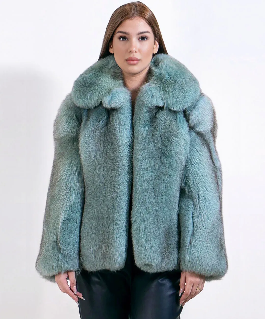 Women's Mint Blue Fox Fur Bomber Jacket