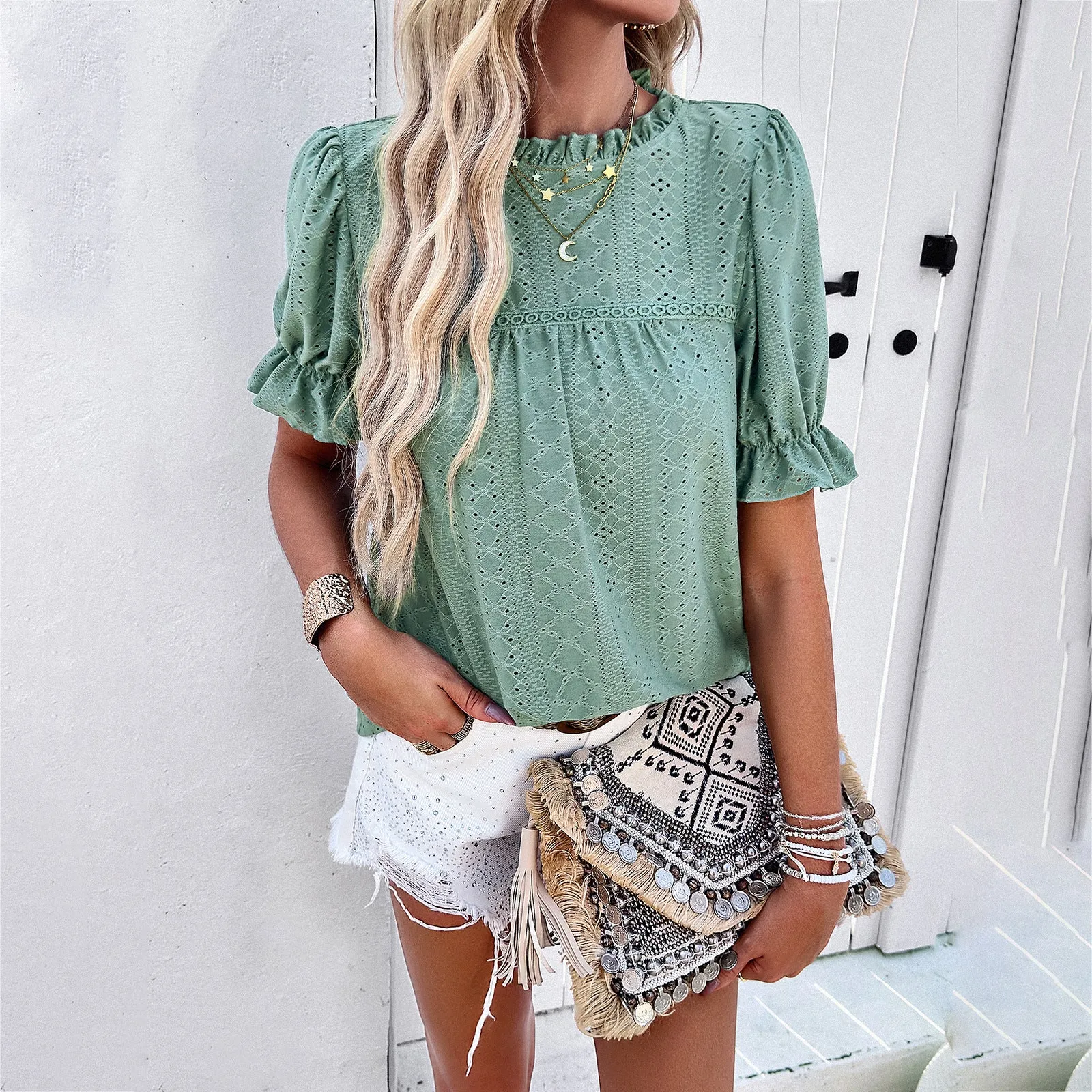 Women's Solid Color Short-sleeved Hollow-out Top